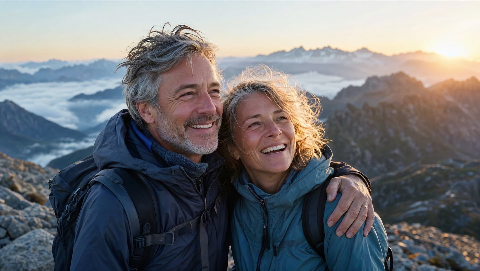 A couple at a mountain summit at sunrise, laughing into the wind